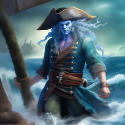 An angry male pirate Water Genasi with blue skin, seaweed-like hair, and wearing a pirate outfit with a large pirate hat