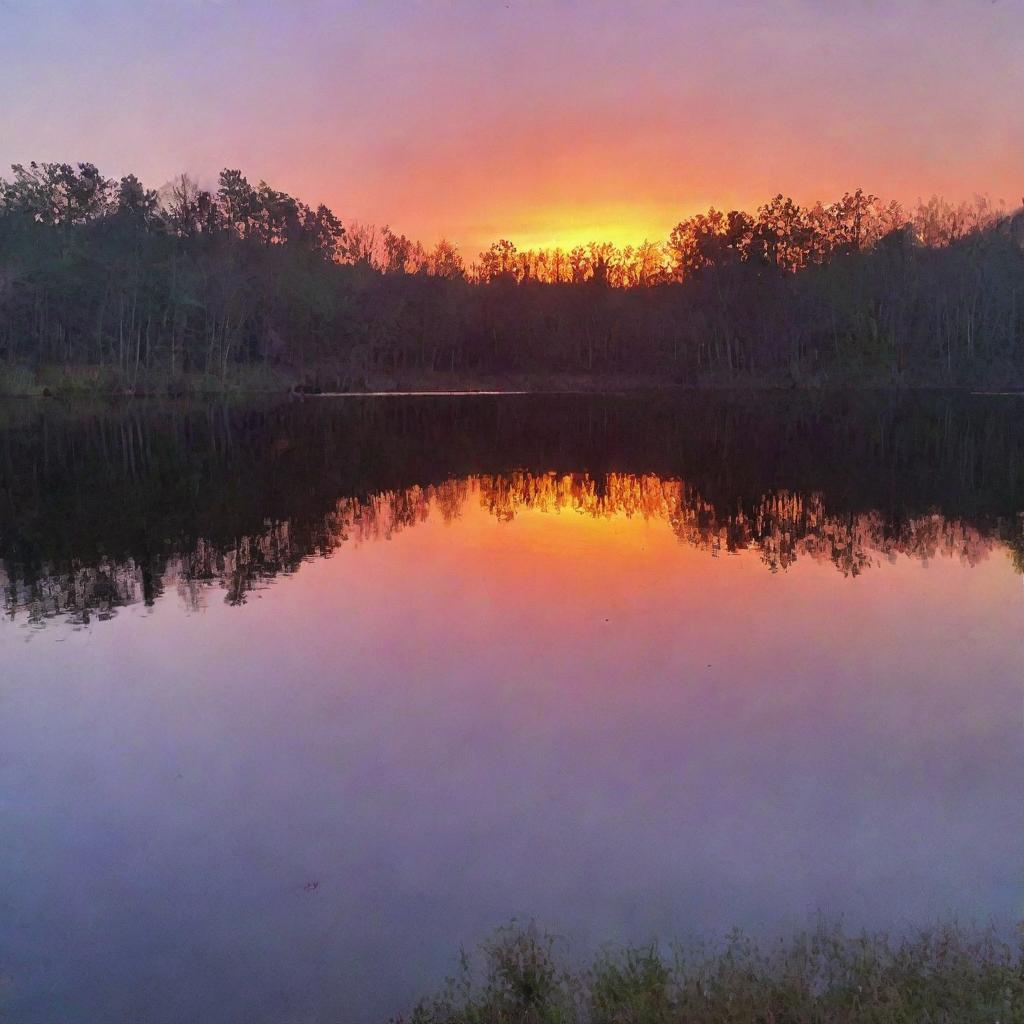 A stunning sunset over a tranquil lake, the orange and purple hues reflected beautifully in the water.