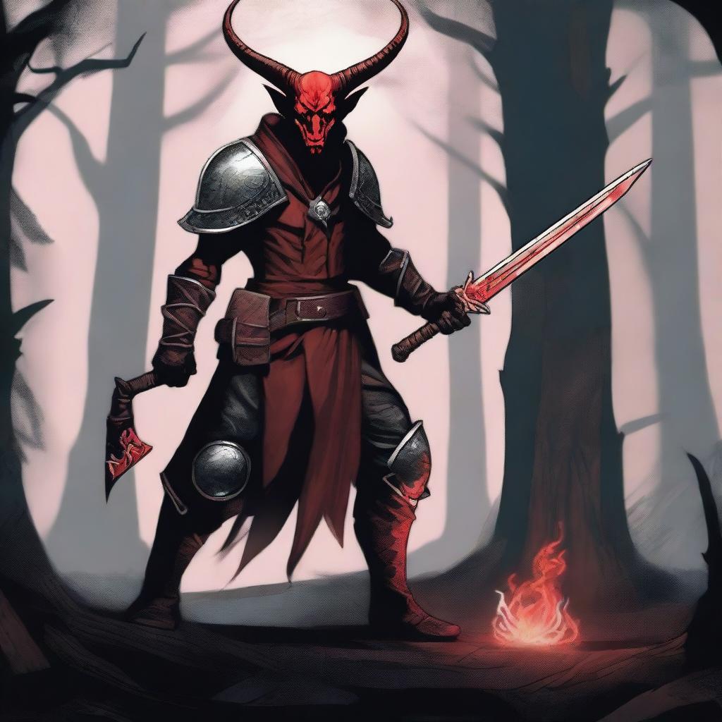 A Tiefling warrior with red skin, horns, and a long tail, holding a shortsword in one hand and a shield in the other