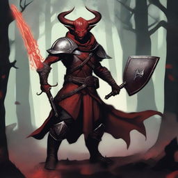 A Tiefling warrior with red skin, horns, and a long tail, holding a shortsword in one hand and a shield in the other