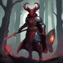 A Tiefling warrior with red skin, horns, and a long tail, holding a shortsword in one hand and a shield in the other