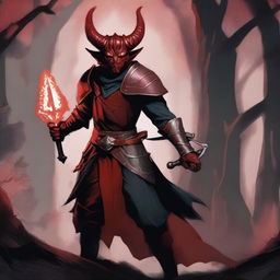 A Tiefling warrior with red skin, horns, and a long tail, holding a shortsword in one hand and a shield in the other