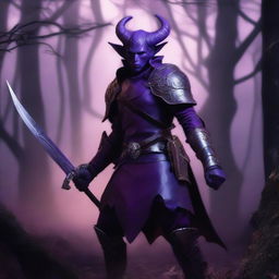 A purple-skinned male Tiefling warrior with horns and a long tail, holding a sword in one hand and a shield in the other