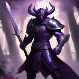 A purple-skinned male Tiefling warrior with horns and a long tail, holding a sword in one hand and a shield in the other