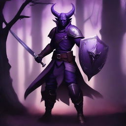 A purple-skinned male Tiefling warrior with horns and a long tail, holding a sword in one hand and a shield in the other