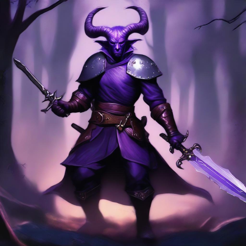 A purple-skinned male Tiefling warrior with horns and a long tail, holding a sword in one hand and a shield in the other