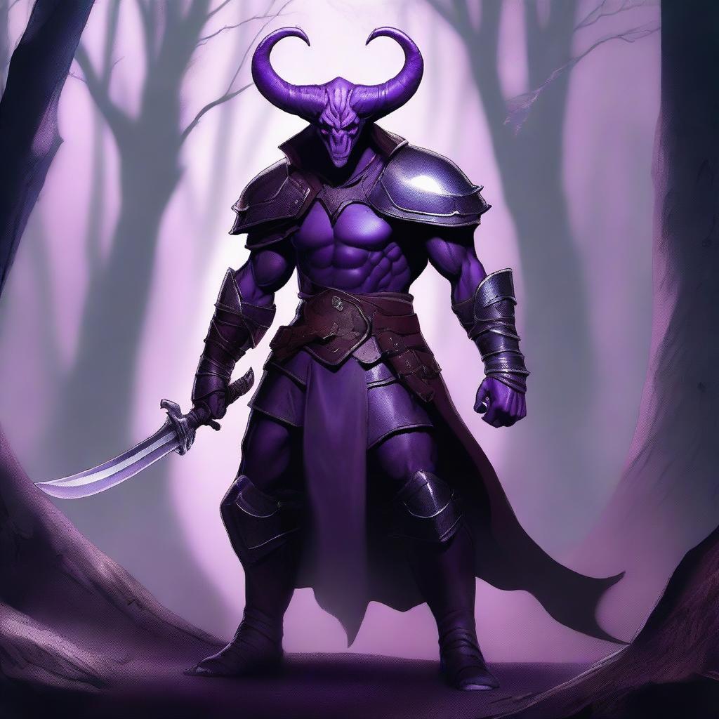 A large, muscular purple-skinned male Tiefling warrior with horns and a long tail, holding a sword in one hand and a shield in the other