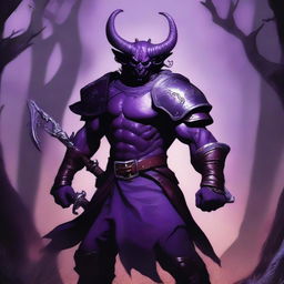 A large, muscular purple-skinned male Tiefling warrior with horns and a long tail, holding a sword in one hand and a shield in the other