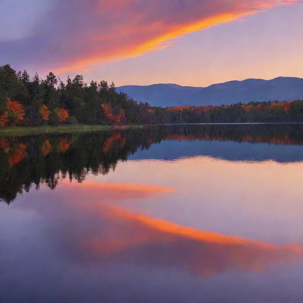 A stunning sunset over a tranquil lake, the orange and purple hues reflected beautifully in the water.