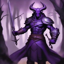 A large, muscular purple-skinned male Tiefling warrior with horns and a long tail, holding a sword in one hand and a shield in the other