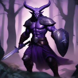 A large, muscular purple-skinned male Tiefling warrior with horns and a long tail, holding a sword in one hand and a shield in the other