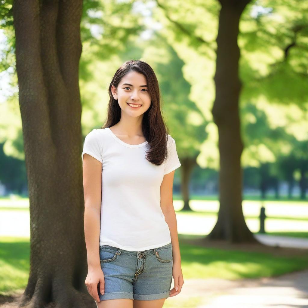 A 23-year-old woman with a friendly smile, wearing casual clothing, standing in a park during a sunny day