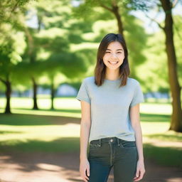 A 23-year-old woman with a friendly smile, wearing casual clothing, standing in a park during a sunny day