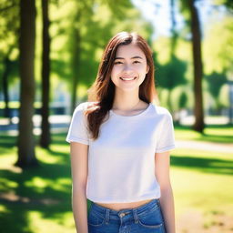 A 23-year-old woman with a friendly smile, wearing casual clothing, standing in a park during a sunny day