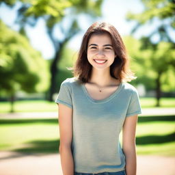 A 23-year-old woman with a friendly smile, wearing casual clothing, standing in a park during a sunny day