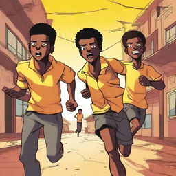 Three 18-year-old male African students are running from worm-like monsters