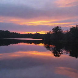 A stunning sunset over a tranquil lake, the orange and purple hues reflected beautifully in the water.