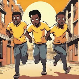 Three 18-year-old male African students are running from worm-like monsters