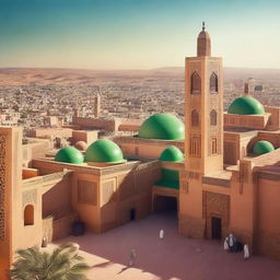 A vibrant and modern cityscape of a futuristic Morocco, blending traditional Moroccan architecture with advanced technology