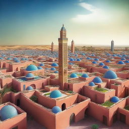 A vibrant and modern cityscape of a futuristic Morocco, blending traditional Moroccan architecture with advanced technology