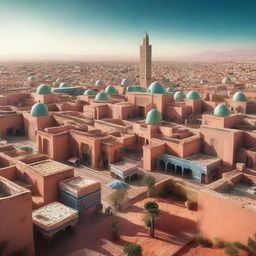 A vibrant and modern cityscape of a futuristic Morocco, blending traditional Moroccan architecture with advanced technology