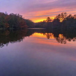 A stunning sunset over a tranquil lake, the orange and purple hues reflected beautifully in the water.