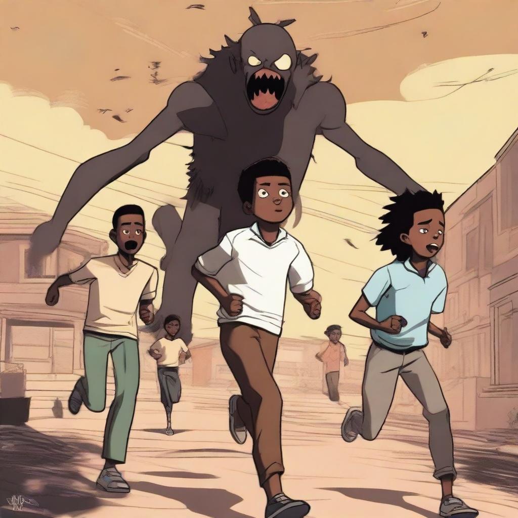 Three 2D, 18-year-old male African students are running away from worm-like monsters