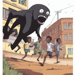 Three 2D, 18-year-old male African students are running away from worm-like monsters