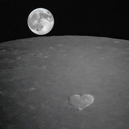 A romantic and picturesque scene on the moon, showcasing a heart shape imprint on its craggy surface under the gentle glow of the Earth in the moon sky.