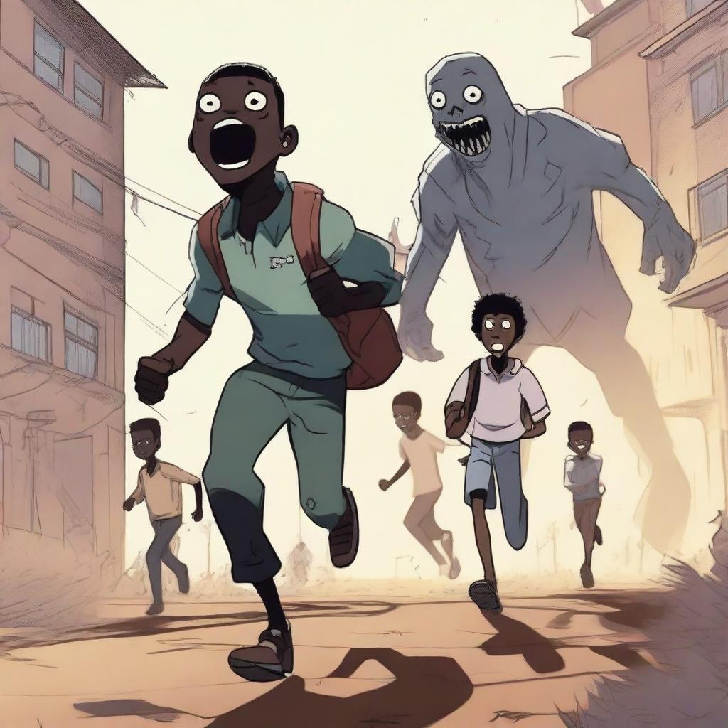 Three 2D, 18-year-old male African students are running away from worm-like monsters