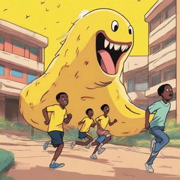 Three 18-year-old male African students are running away from large, terrifying worm monsters