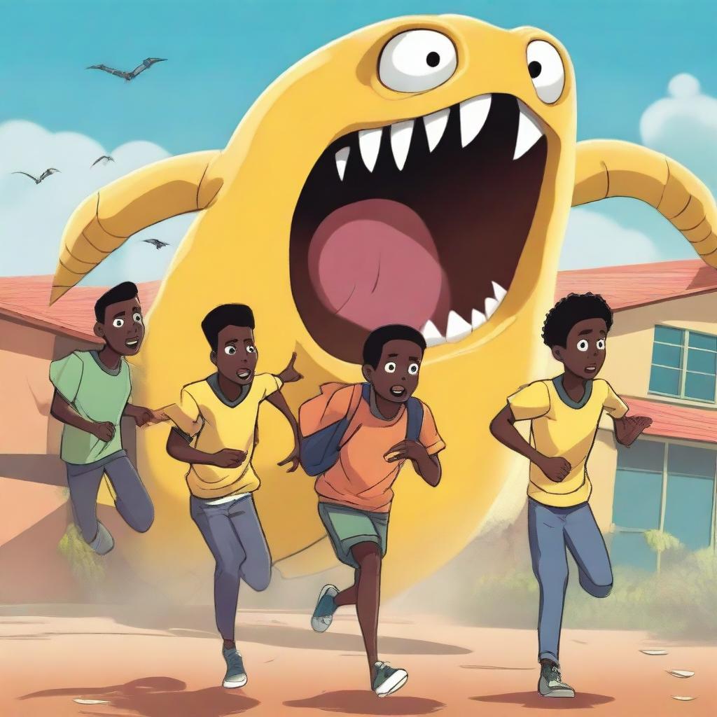 Three teenage male African university students are running away from large, terrifying worm monsters