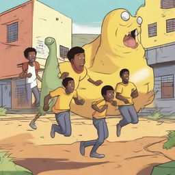 Three teenage male African university students are running away from large, terrifying worm monsters