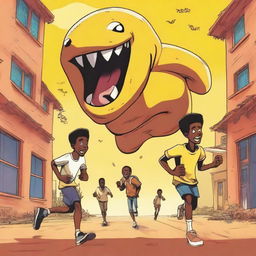 Three teenage male African university students are running away from large, terrifying worm monsters