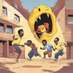 Three teenage male African university students are running away from large, terrifying worm monsters