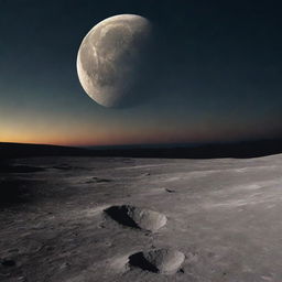 A romantic and picturesque scene on the moon, showcasing a heart shape imprint on its craggy surface under the gentle glow of the Earth in the moon sky.