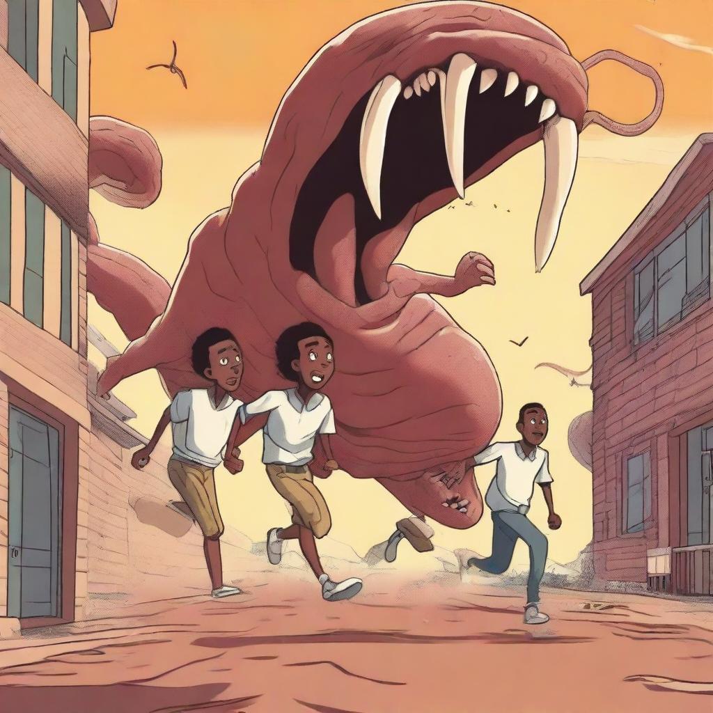 Three male African university students are running away from large, terrifying worm monsters