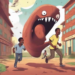 Three male African university students are running away from large, terrifying worm monsters