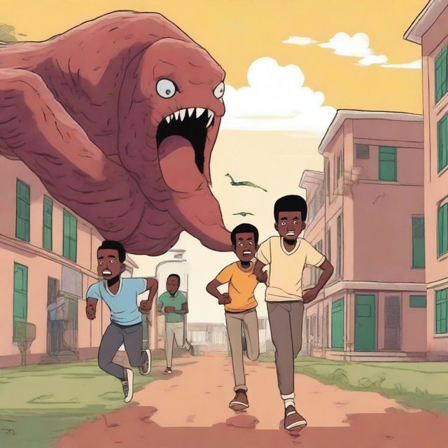 Three male African university students are running away from large, terrifying worm monsters