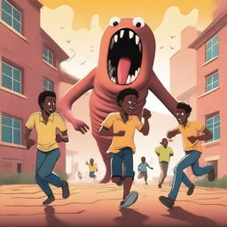 Three male African university students are running away from large, terrifying worm monsters