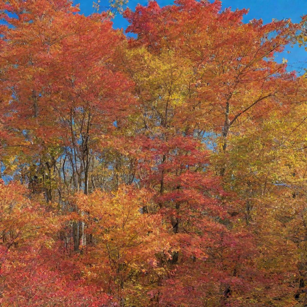 Late autumn scenery, a forest of multicolored leaves spanning shades of red, orange, and yellow, under a clear, azure sky.