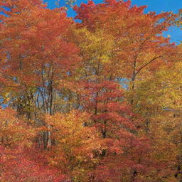 Late autumn scenery, a forest of multicolored leaves spanning shades of red, orange, and yellow, under a clear, azure sky.