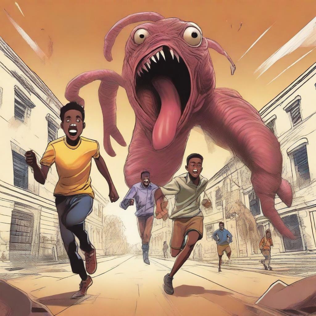 An illustration of three male African university students running away from large, terrifying worm monsters