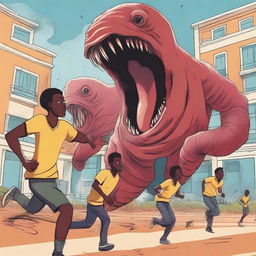 An illustration of three male African university students running away from large, terrifying worm monsters