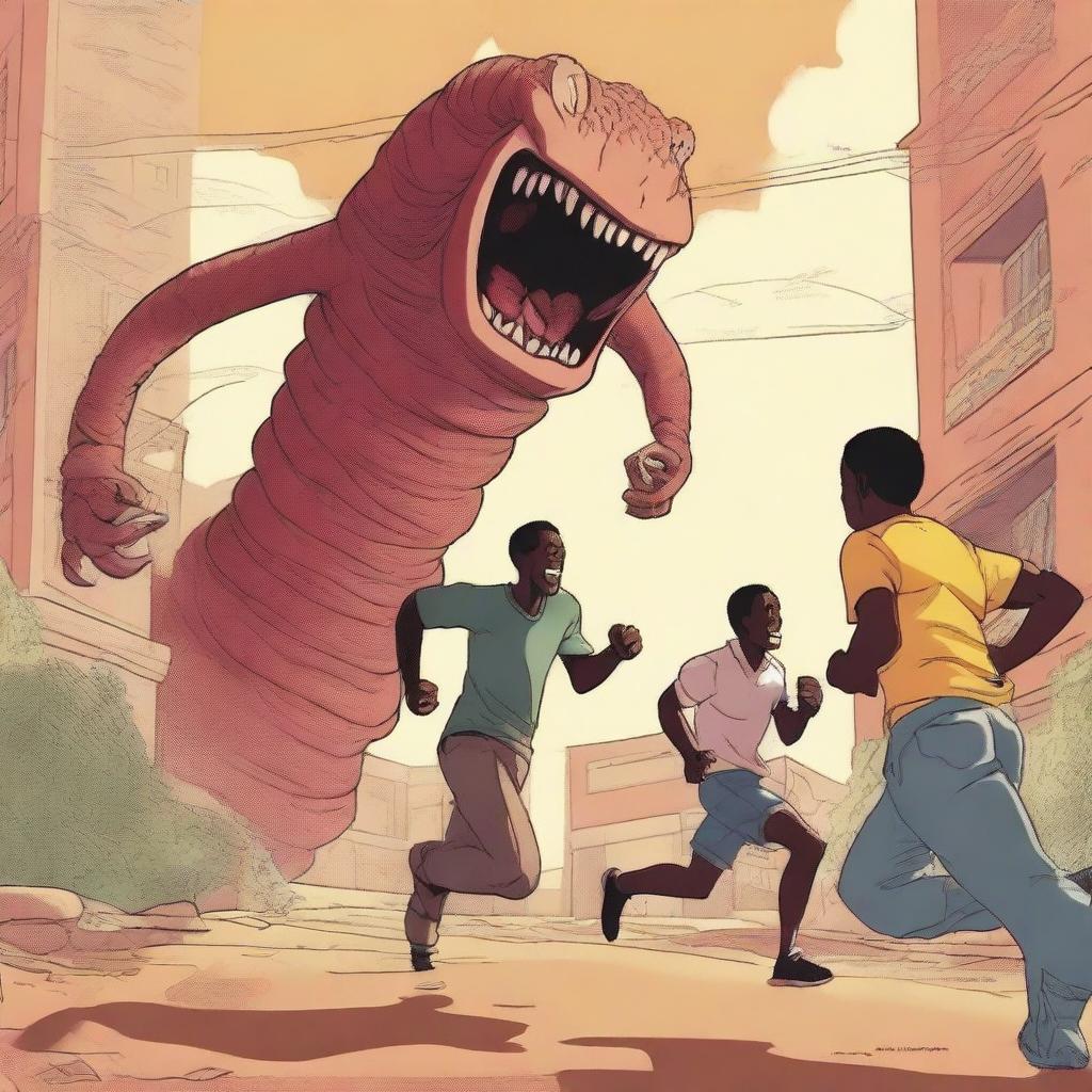 An illustration of three male African university students running away from large, terrifying worm monsters