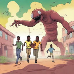 An illustration of three male African university students running away from large, terrifying worm monsters