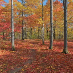 Late autumn scenery, a forest of multicolored leaves spanning shades of red, orange, and yellow, under a clear, azure sky.