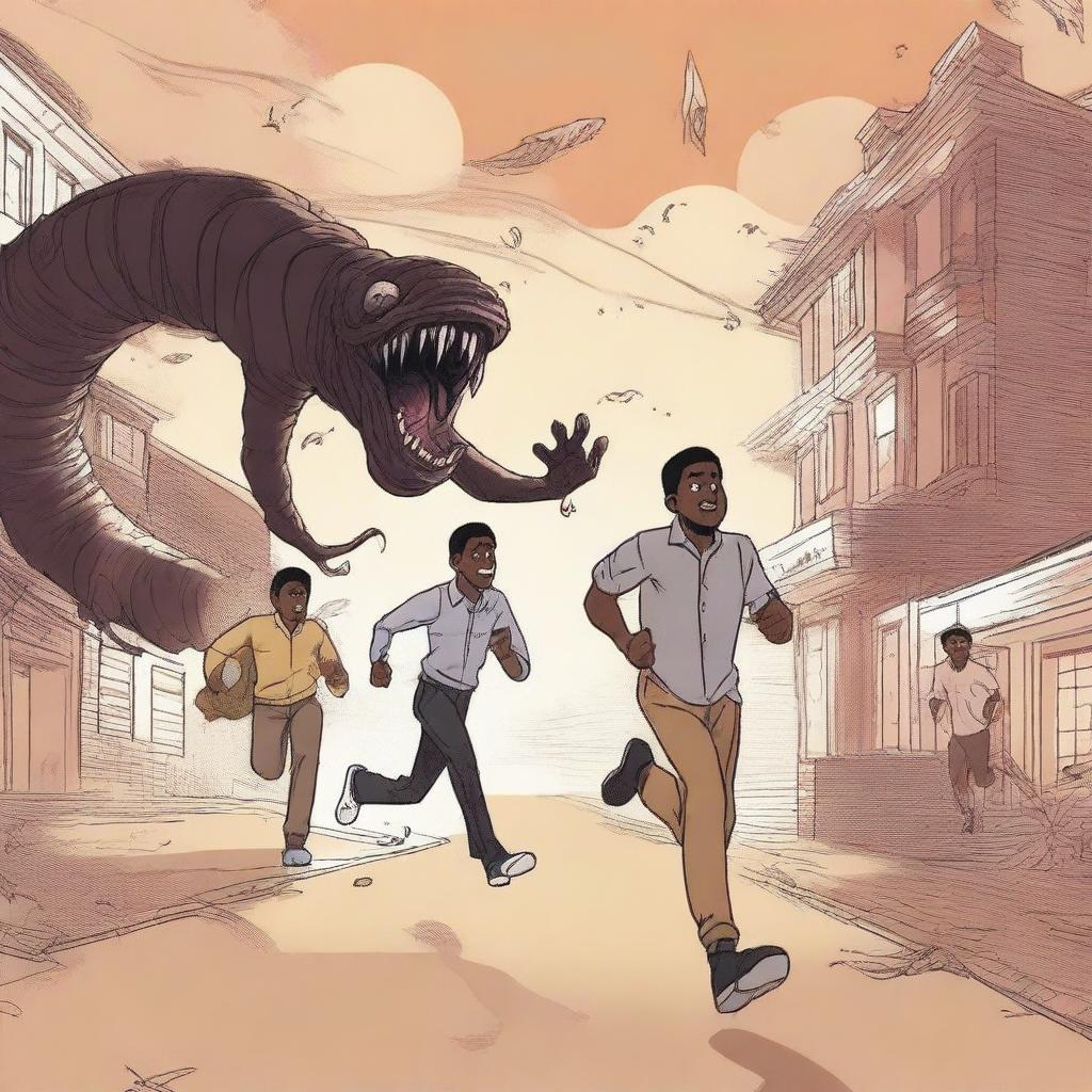 An illustration of three black male university students running away from large, terrifying worm monsters