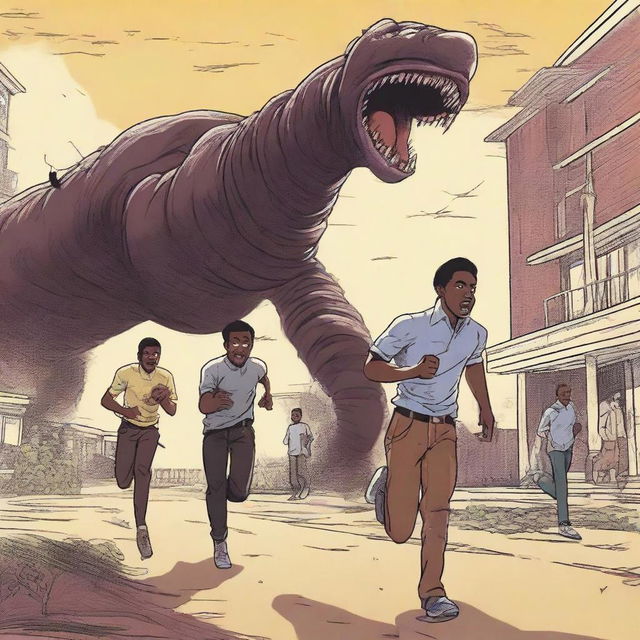 An illustration of three black male university students running away from large, terrifying worm monsters