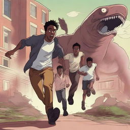 An illustration of three black male university students running away from large, terrifying worm monsters